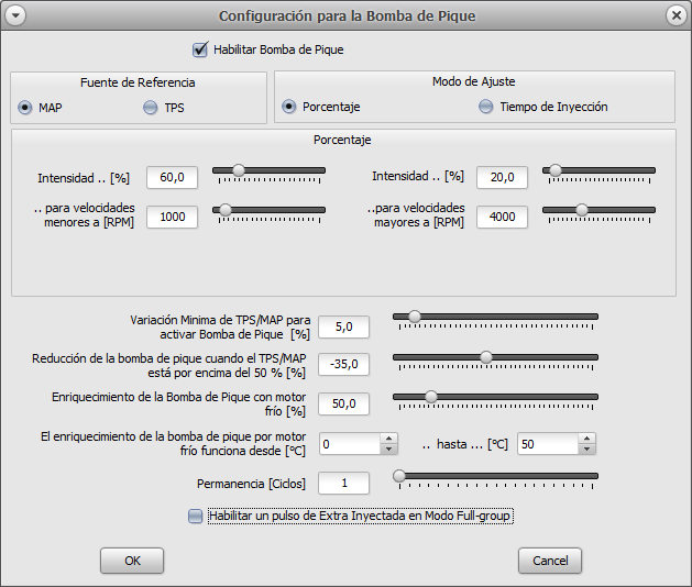 Pantalla Configuración de Bomba de Pique con valores por defecto